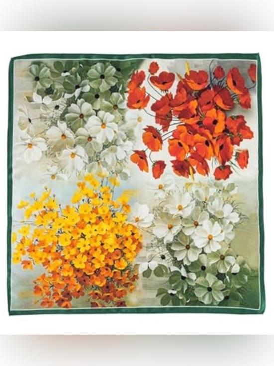 Accessories - Floral Silky polyester Scarf with Orange and Green Accents